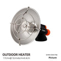Black and orange portable camping heater stove with automatic ignition on a table.