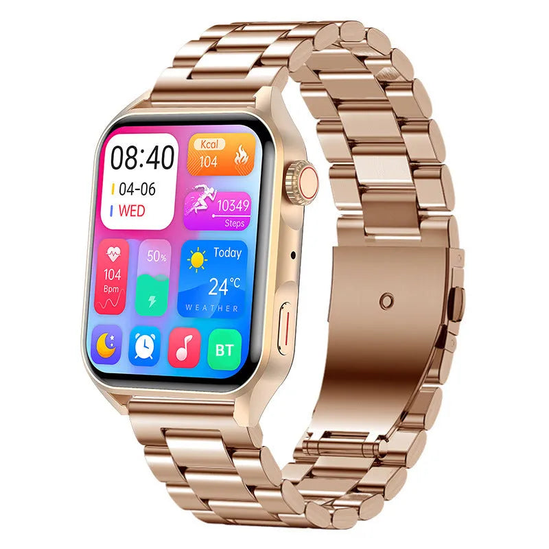 Silver grey smart watch with AMOLED screen and black silicone wrist strap on a wrist.
