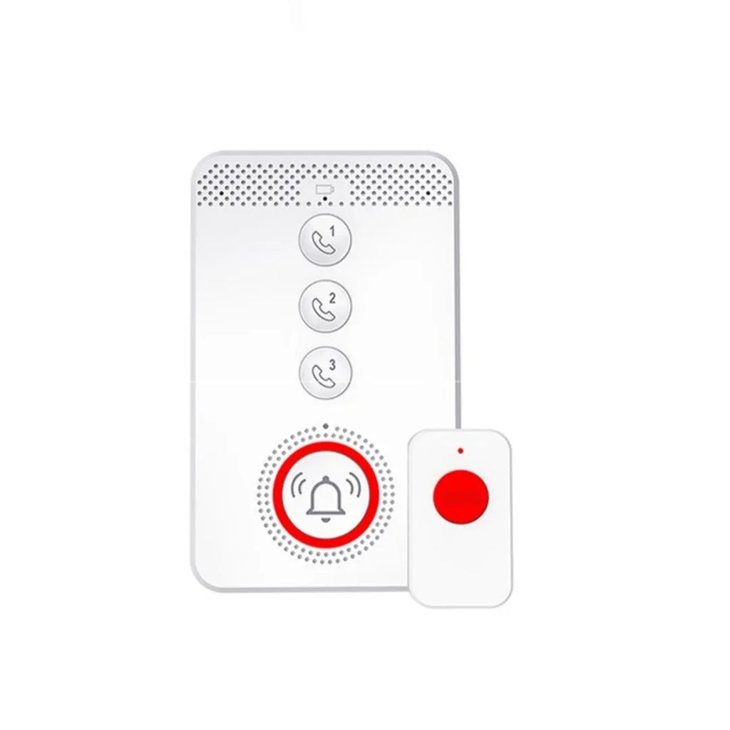 White voice emergency alert device with one buzzer unit and three separate emergency call buttons.