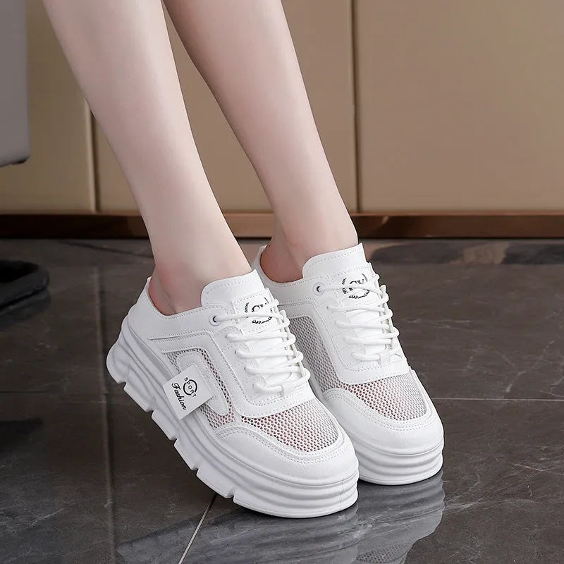 Women's black mesh half slippers with height-increasing insole and rubber sole