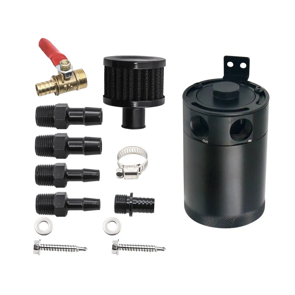 Black aluminium automotive oil pot with two-hole breathable design and connectors