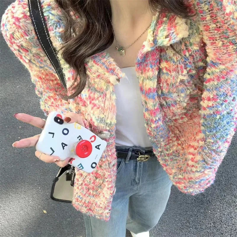 Retro style knitted rainbow cardigan in acrylic fibre with toothbrush hair texture, available in green or pink colours