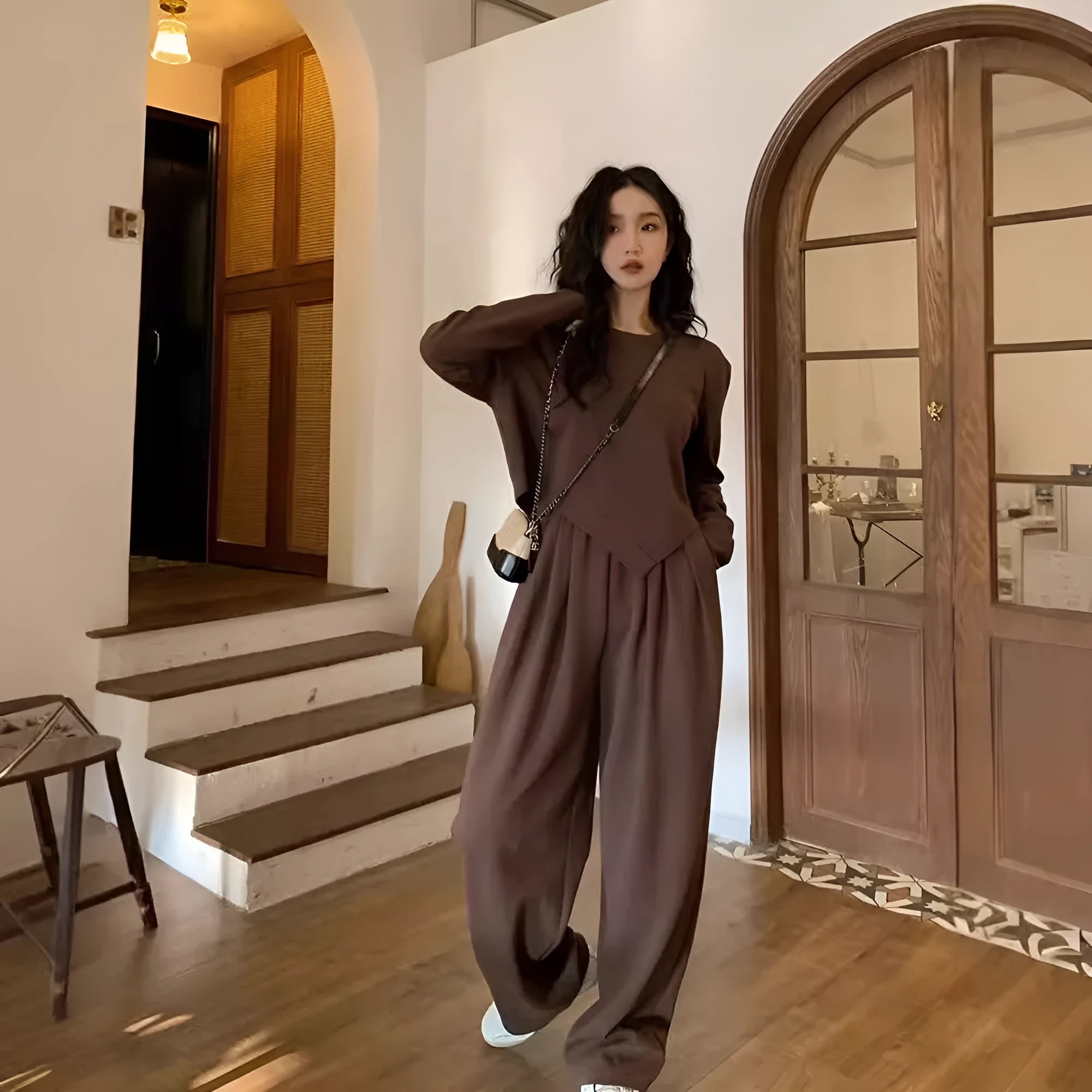 Women's khaki loose casual sports suit set with long sleeve top and trousers
