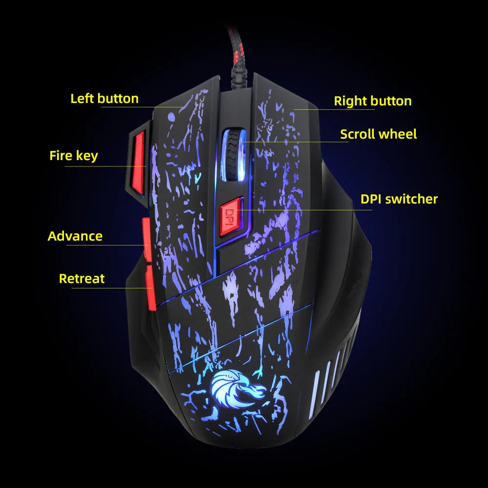 Black gaming mouse with luminous water crack pattern design, USB cable, and ergonomic shape