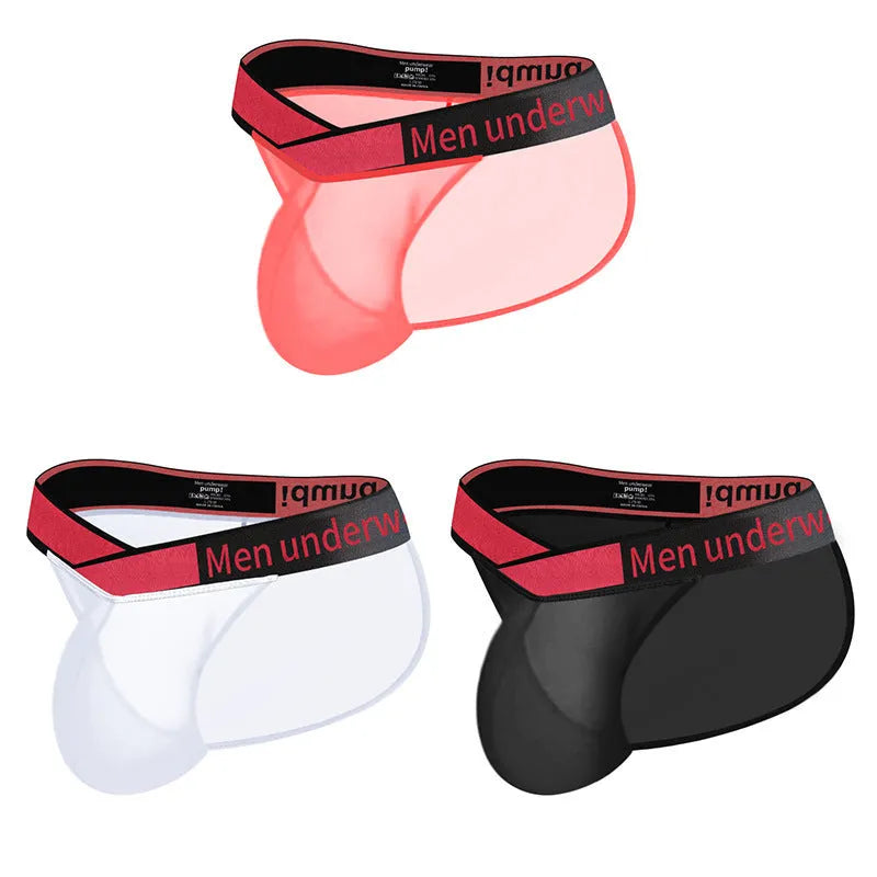Men's gradient transparent ice silk briefs with large V-front design in black, red, and white colour options