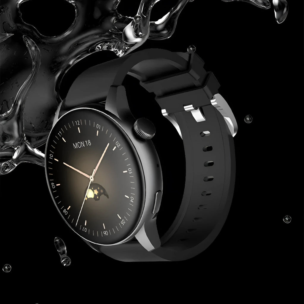 Black smart watch with 1.30-inch colour screen and stainless steel case on wrist