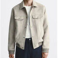 Women's British style suede velvet commuter jacket in light grey and mink colours with long sleeves