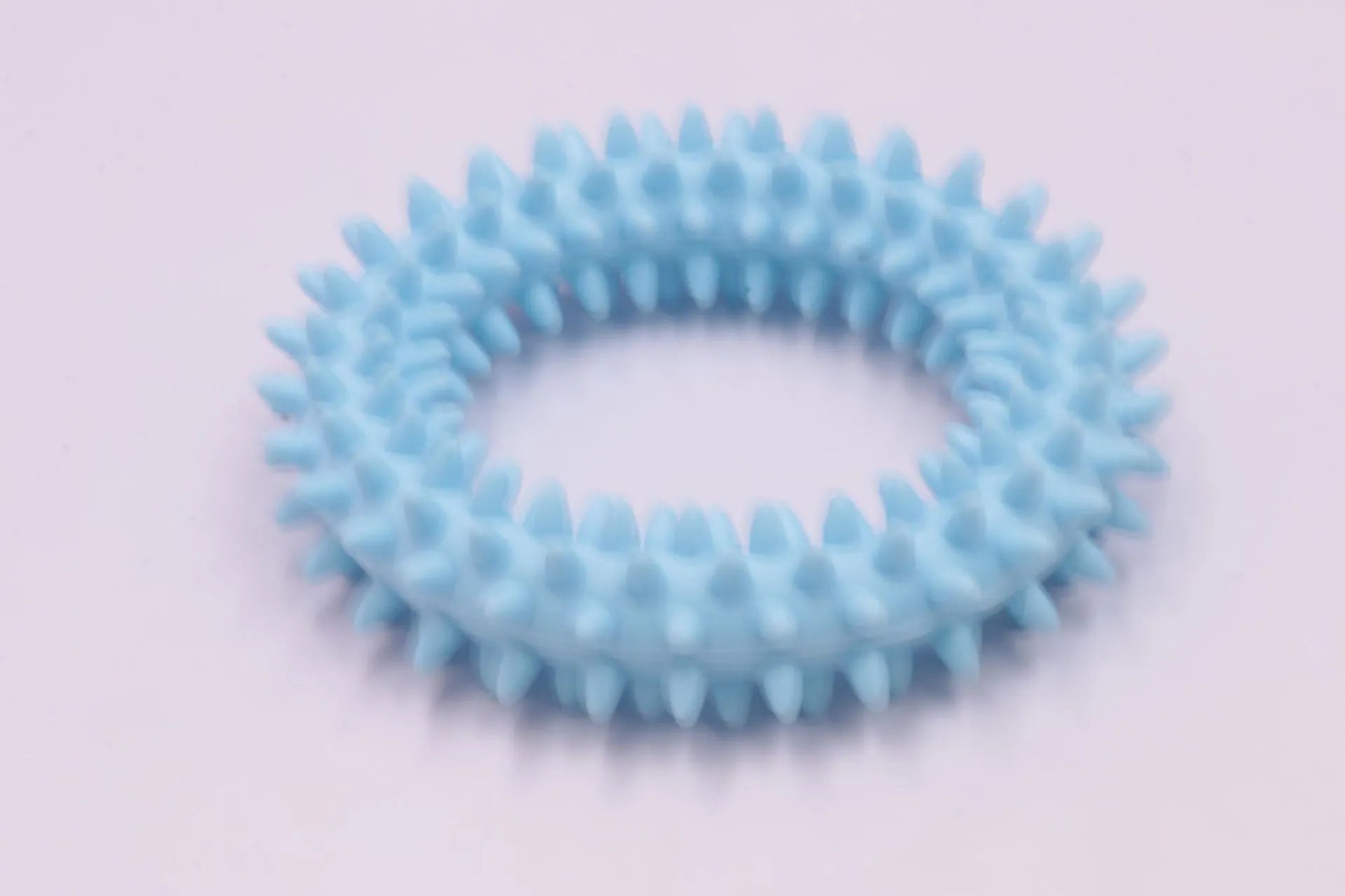 Blue TPR spiky ring dog chew toy with dental cleaning nubs on a white background