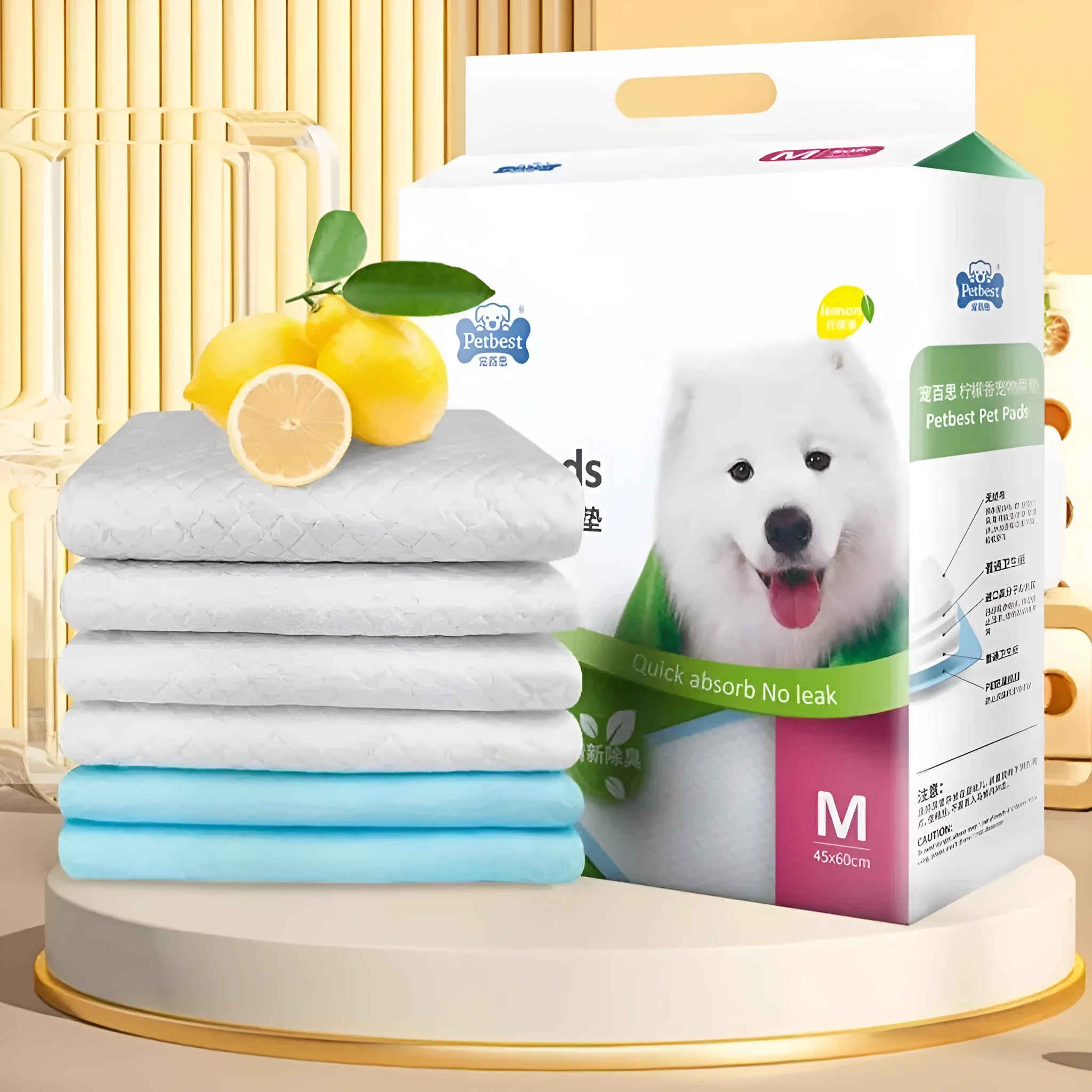 Pack of dog urine pads showing adhesive backing, bamboo charcoal variant, and size comparison