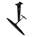 Black carbon fibre and aluminium hydrofoil surfboard with a wide front wing for wave riding.