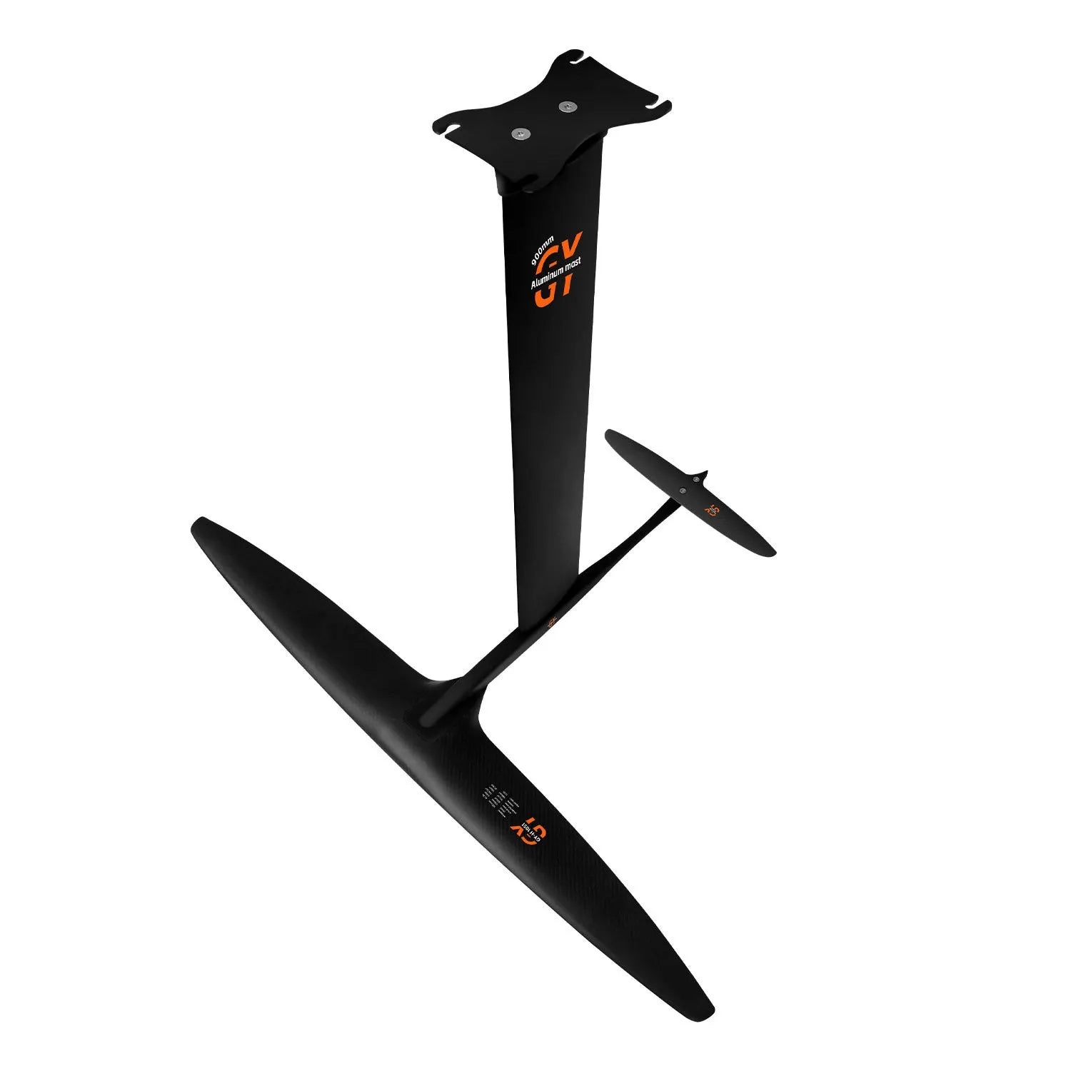 Black carbon fibre and aluminium hydrofoil surfboard with a wide front wing for wave riding.