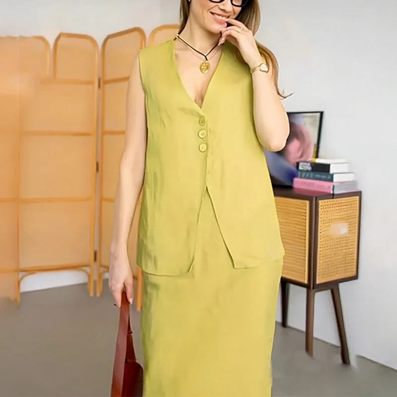 Blue women's two-piece lounge set with sleeveless top and long skirt on a hanger