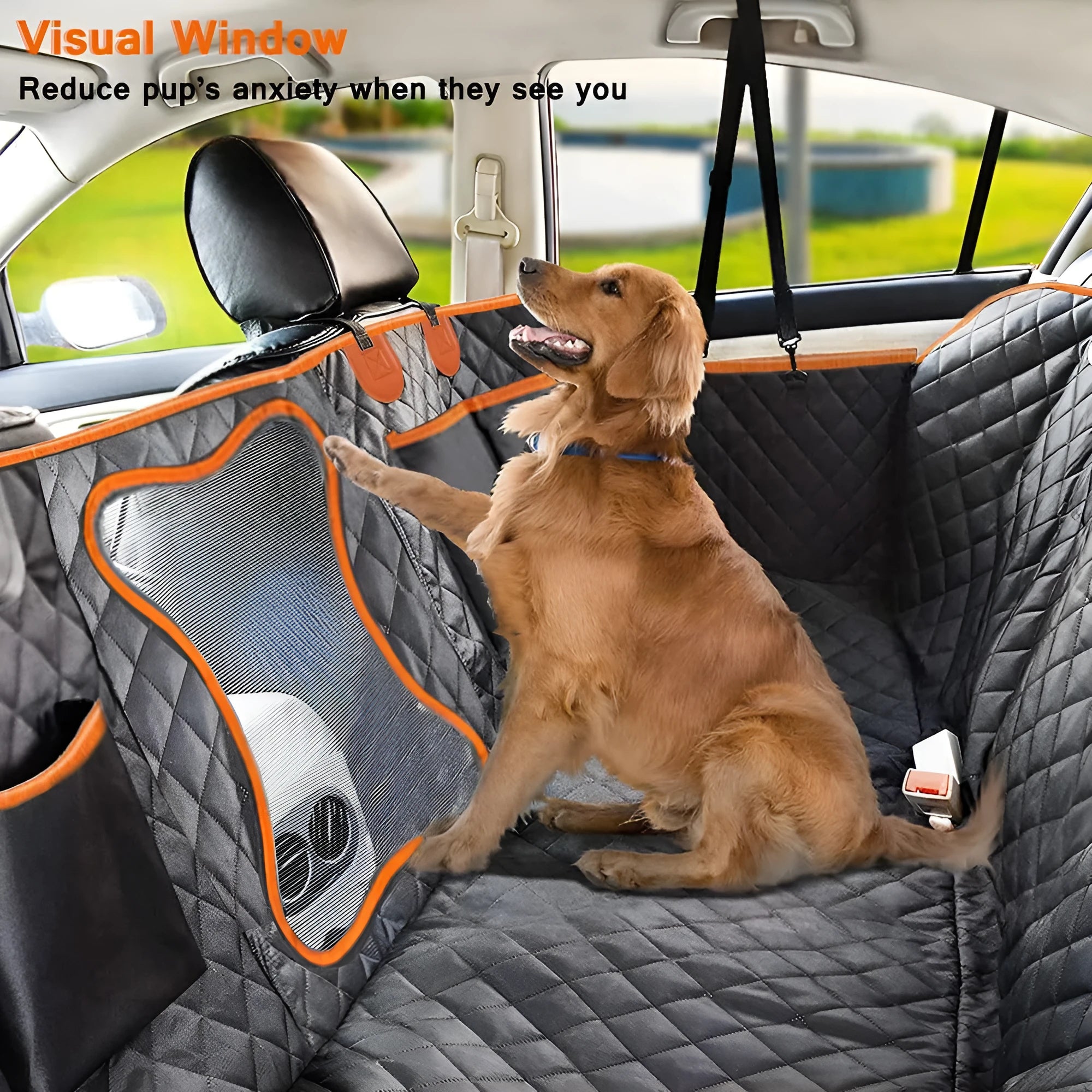 Black waterproof pet car seat cover with orange edge trim and mesh ventilation window laid on a rear car seat