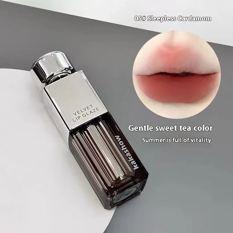 Kakashow lock colour velvet lip paint in matte finish showing six shade options including cream smoked apricot and cherry fromage