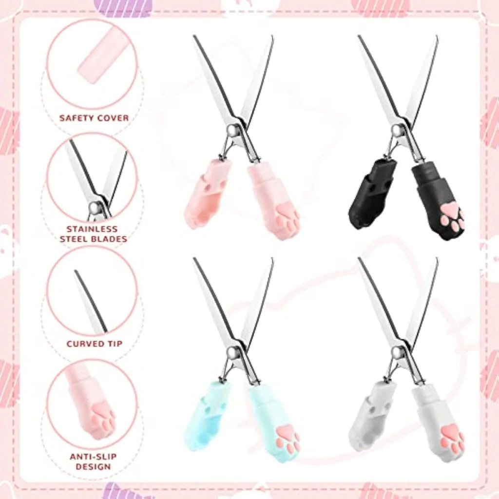 Cat paw mini folding scissors in four colours with stainless steel blades measuring 8.7 cm