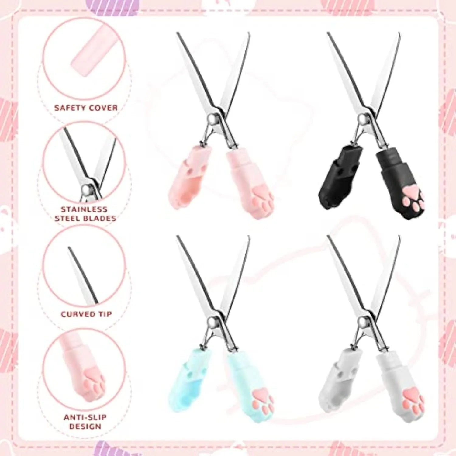 Cat paw mini folding scissors in four colours with stainless steel blades measuring 8.7 cm