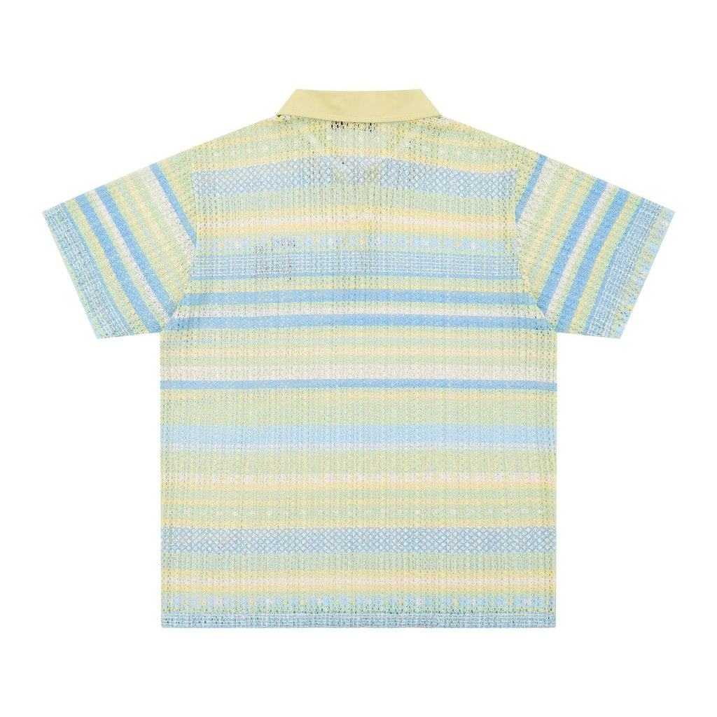 Men's printed casual shirt in yellow or blue with elastic polyester fabric and short sleeves