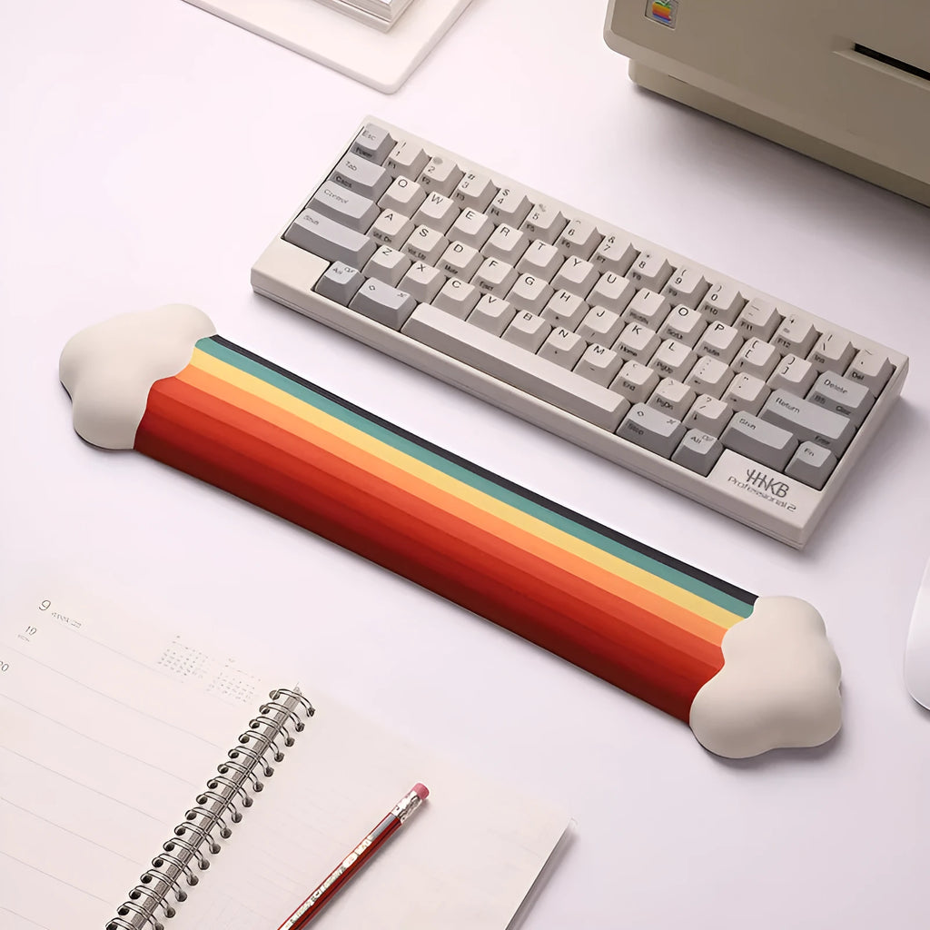 Silicone desk mat set with cloud-patterned wrist support and keyboard rest