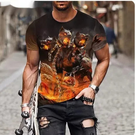 Men's grey t-shirt with dimensional 3D lion graphic print on front