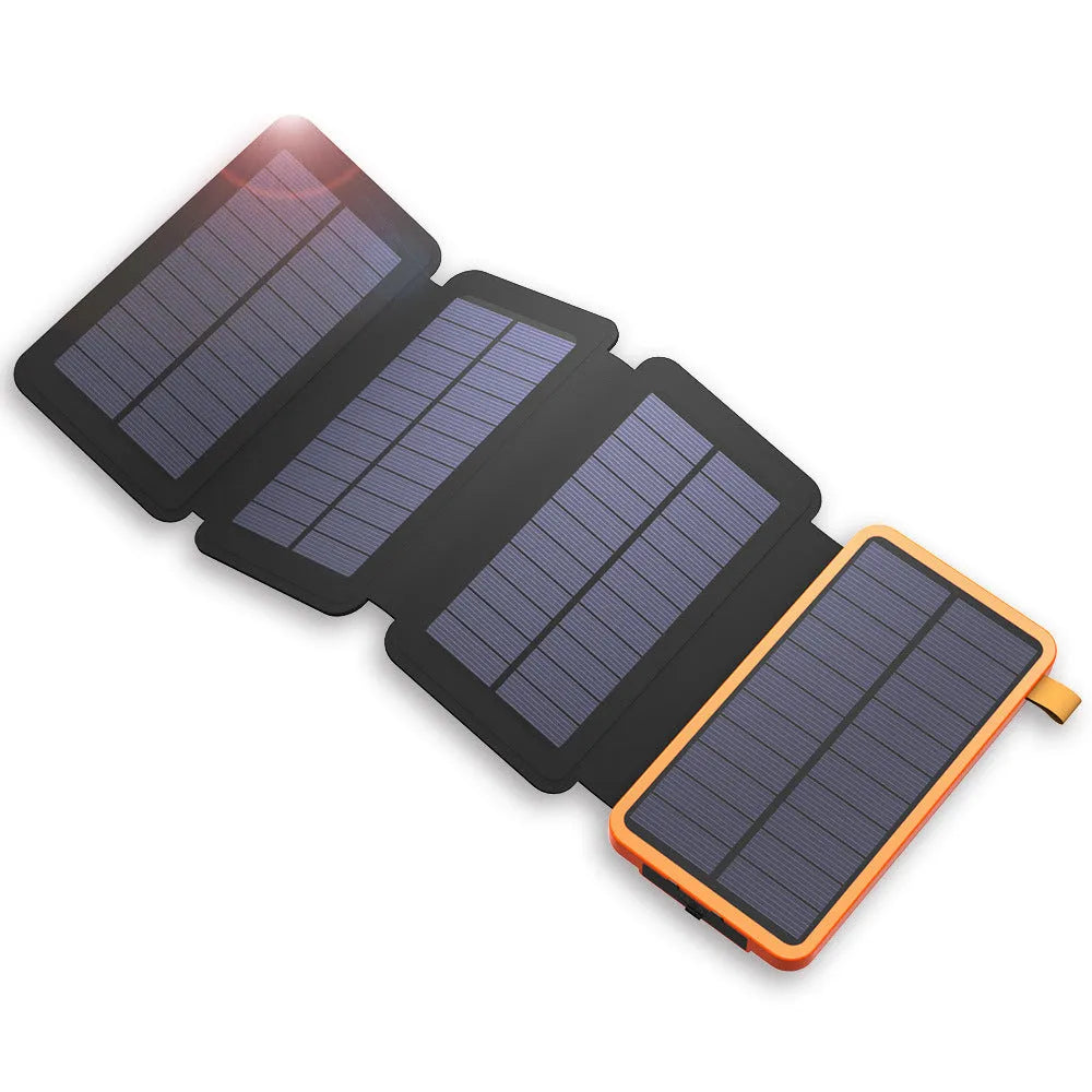 Waterproof solar phone charger with LED light in black, blue, green, or orange colour options