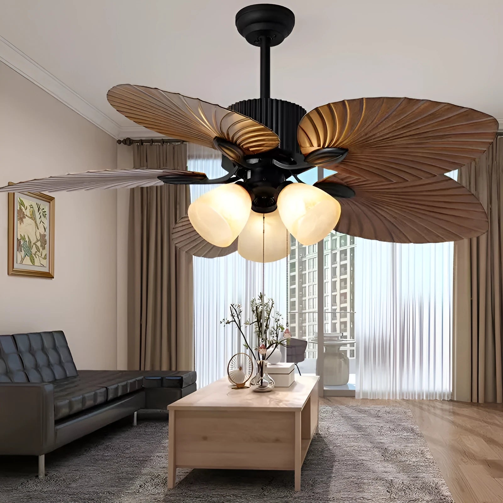 52-inch retro ceiling fan light with wooden blades and integrated lighting for living rooms