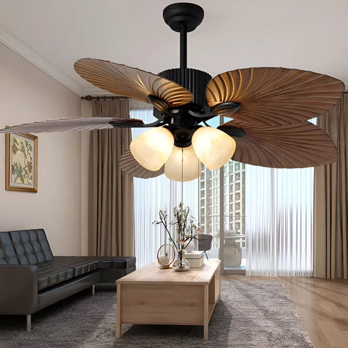 52-inch retro ceiling fan light with wooden blades and integrated lighting for living rooms