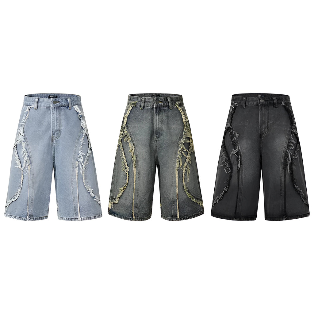 Men's distressed denim shorts with raw edge detailing in straight leg cropped silhouette