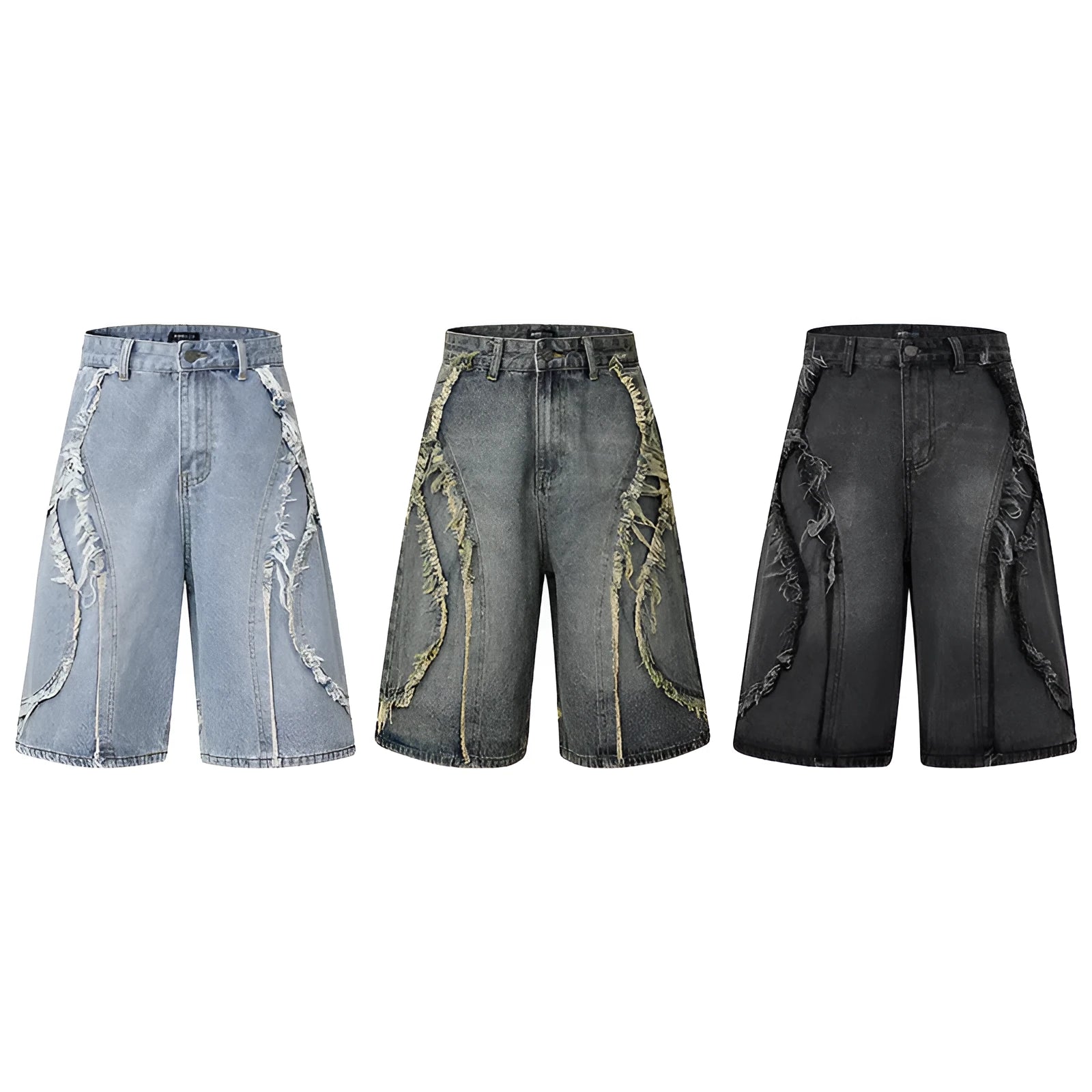 Men's distressed denim shorts with raw edge detailing in straight leg cropped silhouette
