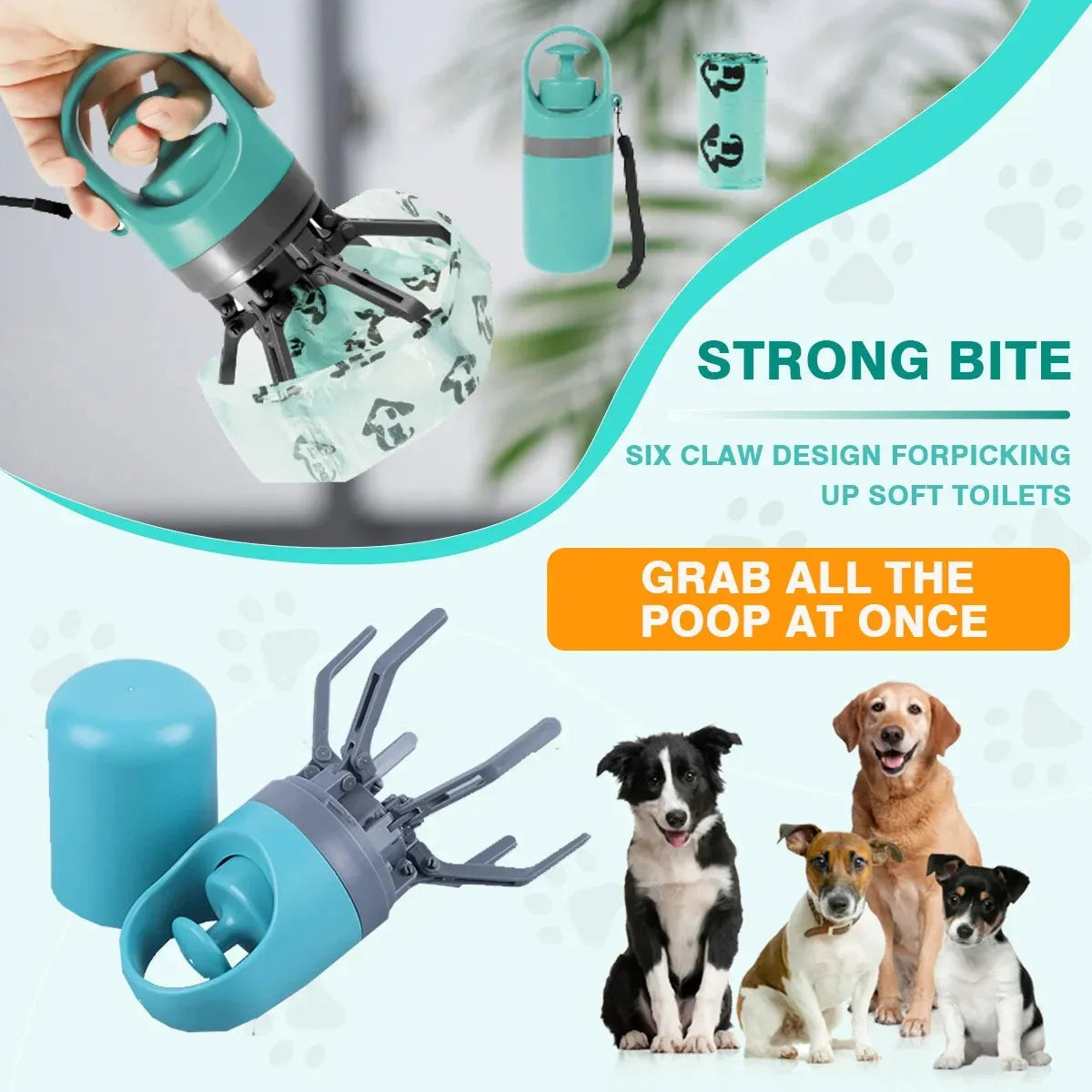 Blue portable claw dog pooper scooper with integrated garbage bag dispenser for outdoor pet waste cleanup
