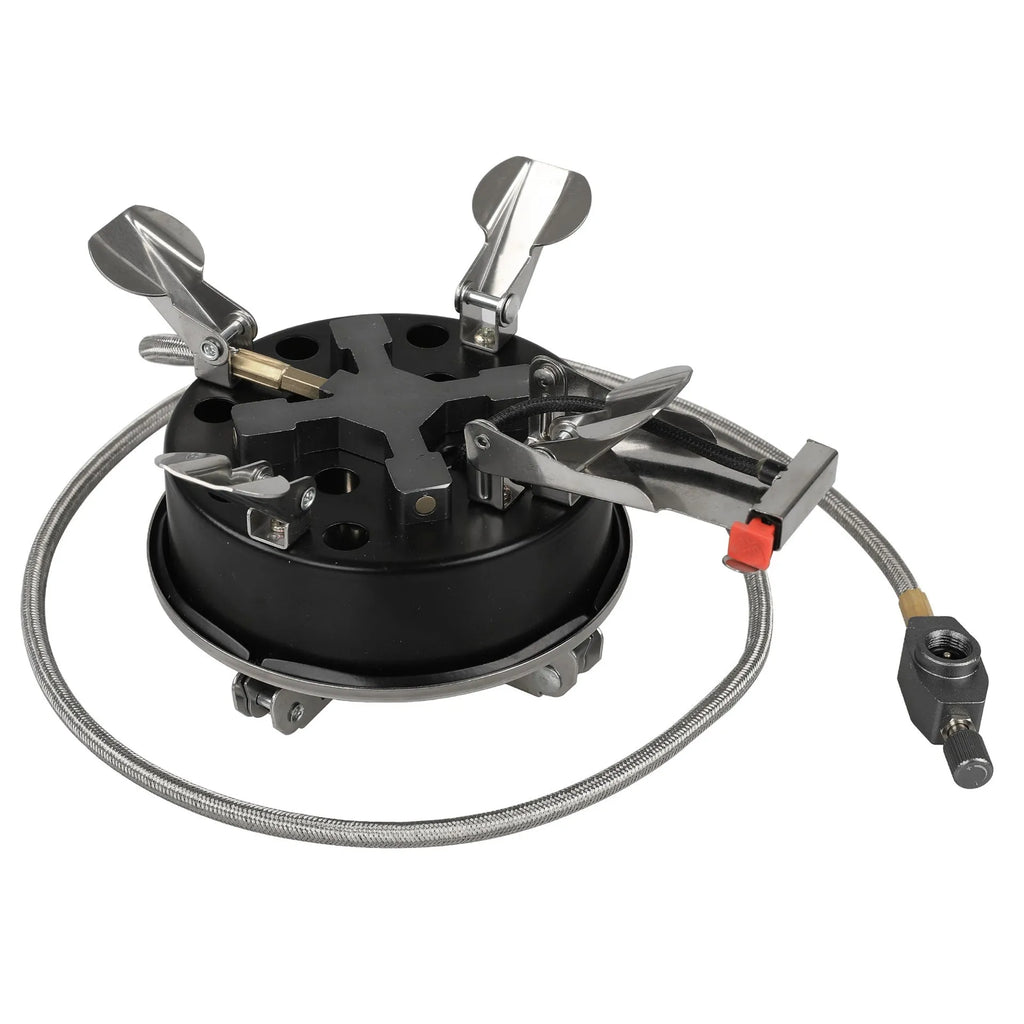 Silver foldable stainless steel split camping stove with copper fittings and a long hose.