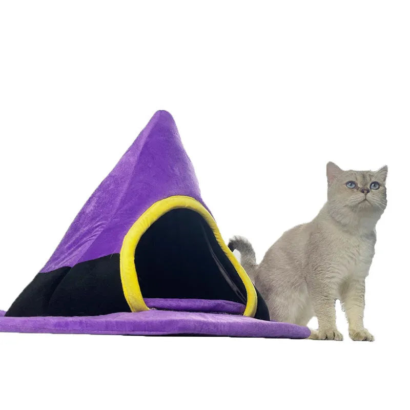 Purple Halloween witch hat shaped cat bed measuring 60x45cm for kittens and small cats
