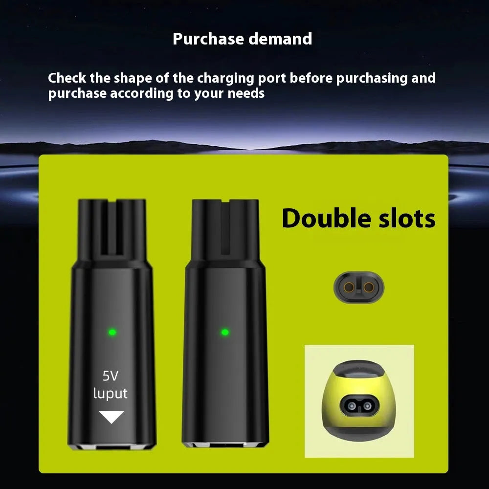 USB-C to 4.3V charging adapter for electric shavers in black or grey aluminium housing