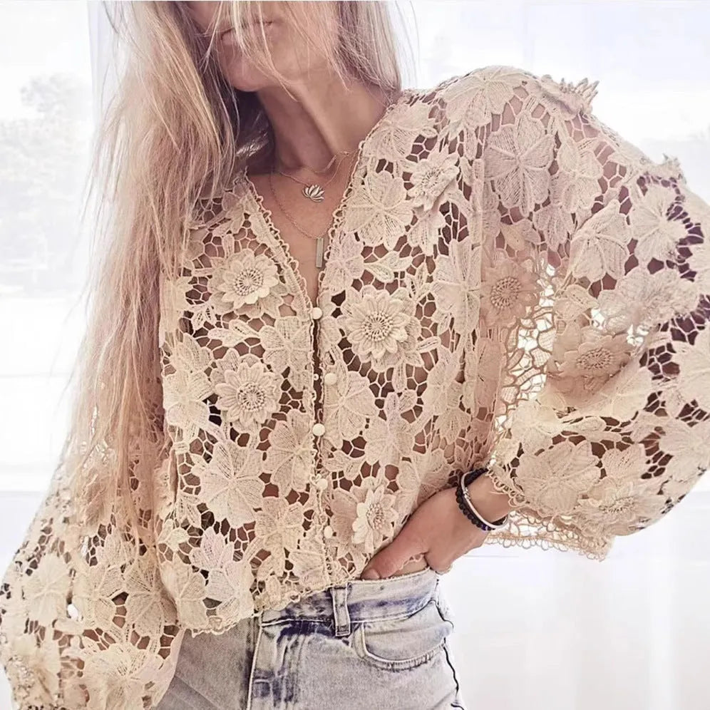 Women's loose fit V-neck cardigan with three-dimensional lace floral decoration in white colour