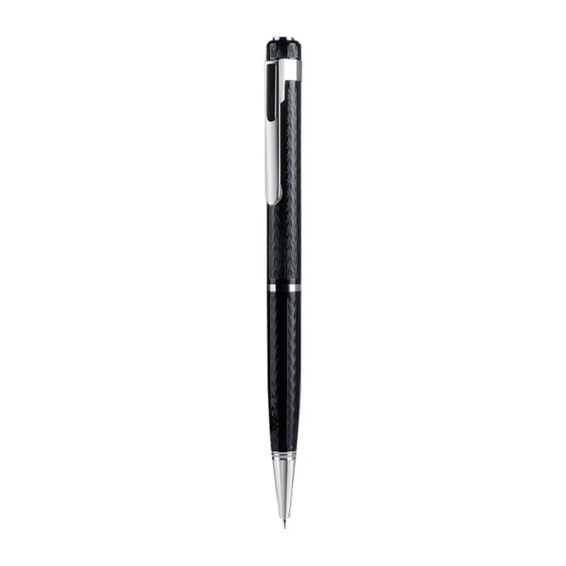 Black pen shaped audio recorder with zinc alloy shell measuring 140mm length