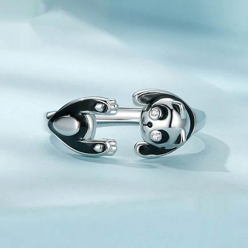 Adjustable sterling silver panda ring bracelet with white gold plating and open design