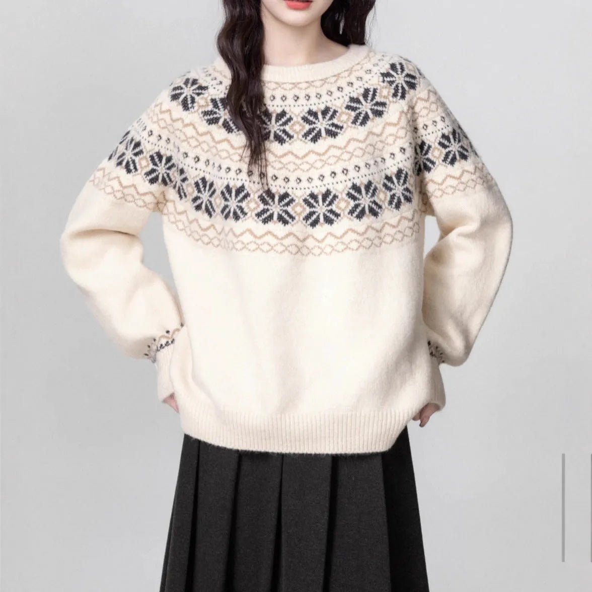 Women's milky white fair isle pullover sweater with geometric pattern, loose fit, and crew neck.