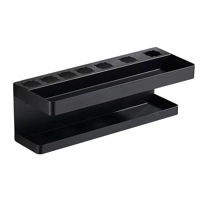 White double-layer aluminium bathroom storage rack holding Marcel Waver hair curlers with adhesive mounting