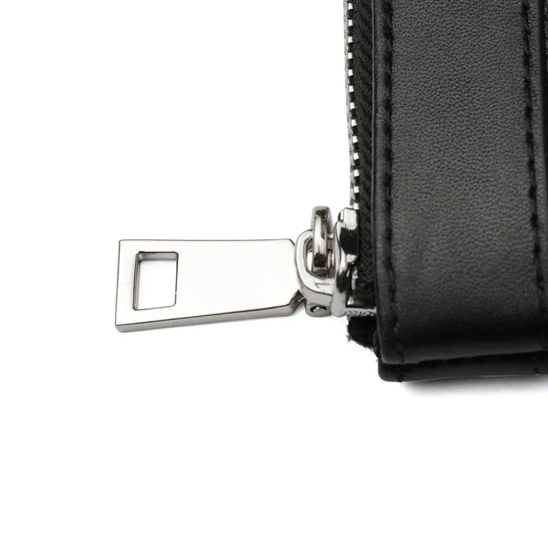 Black men's leather clutch wallet with plaid pattern showing 20cm by 10cm dimensions
