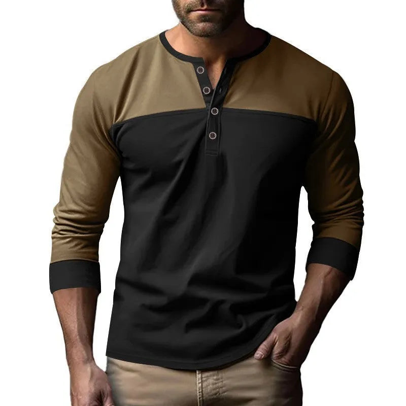 Men's long-sleeve Henley collar casual shirt in beaded twill polyester fabric