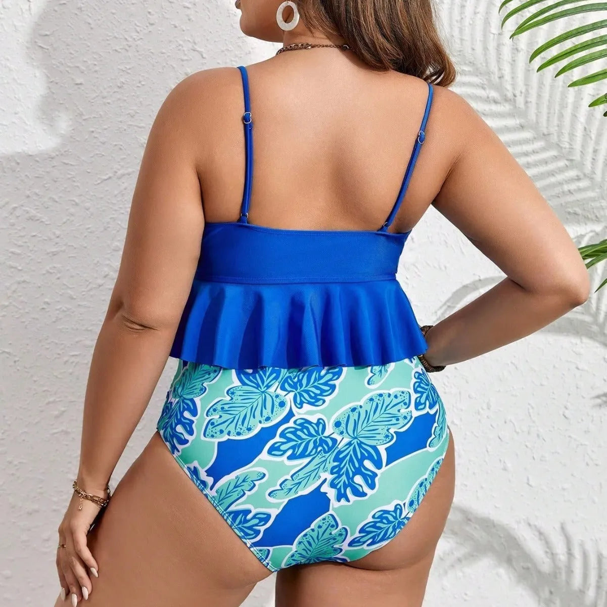 Blue polyester bikini swimsuit set with brief bottoms in plus sizes 0XL to 4XL