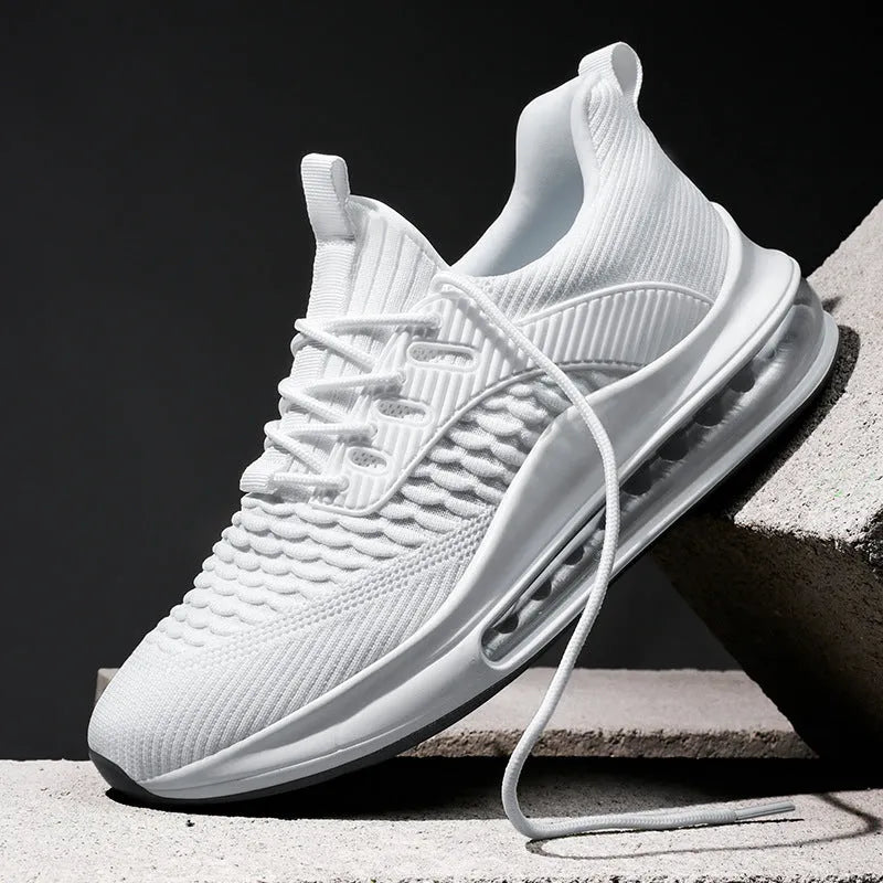 Men's low-top black mesh running shoes with lace-up front and rubber sole.