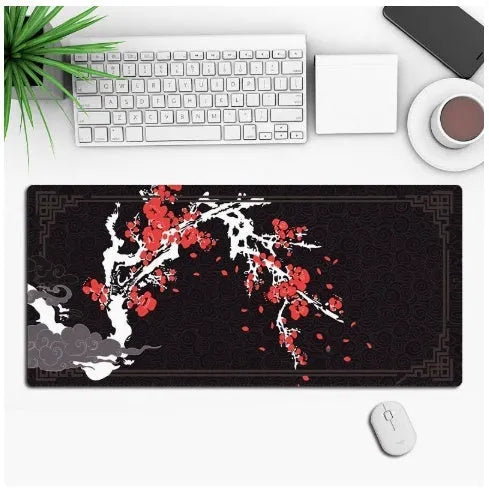 Anime pattern gaming mouse pad with non-slip rubber base on desk surface