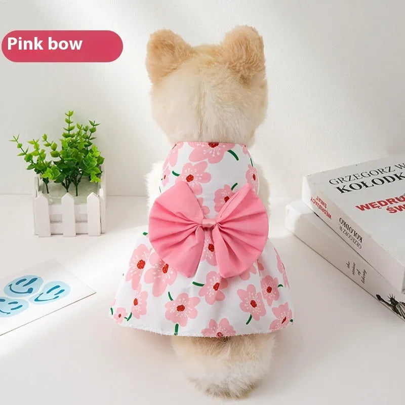 Orange bow floral butterfly pet dress with knot fastening on small dog