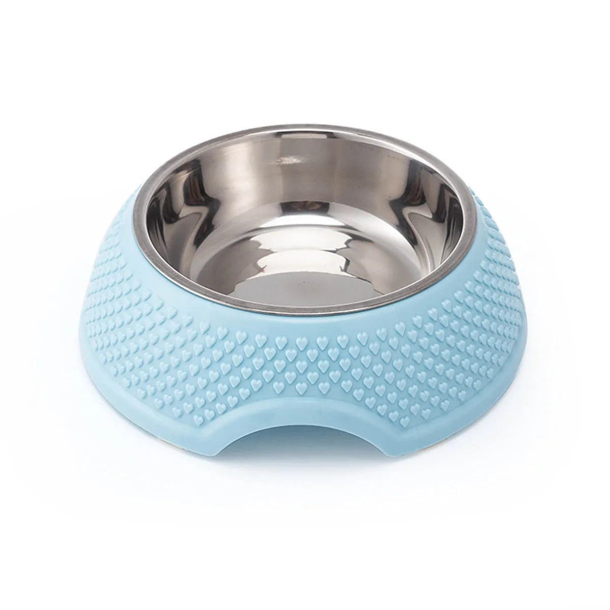 Blue stainless steel pet bowl with a weighted non-slip base for cats and dogs.