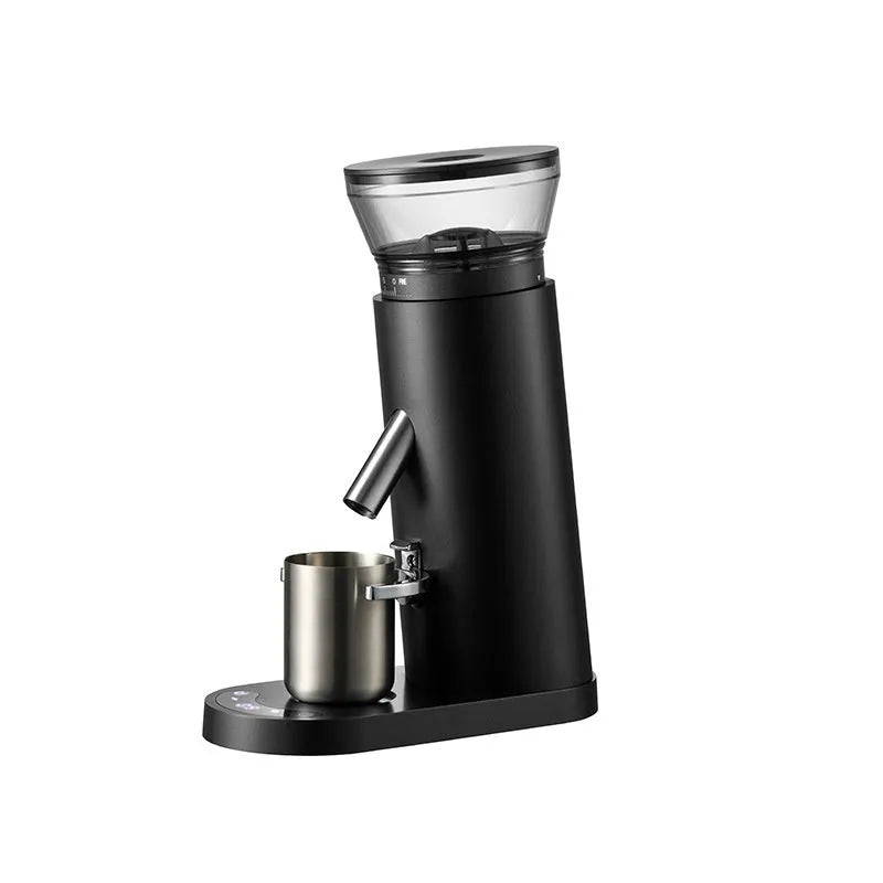 Portable automatic electric coffee grinder in stainless steel with beige or black finish options.