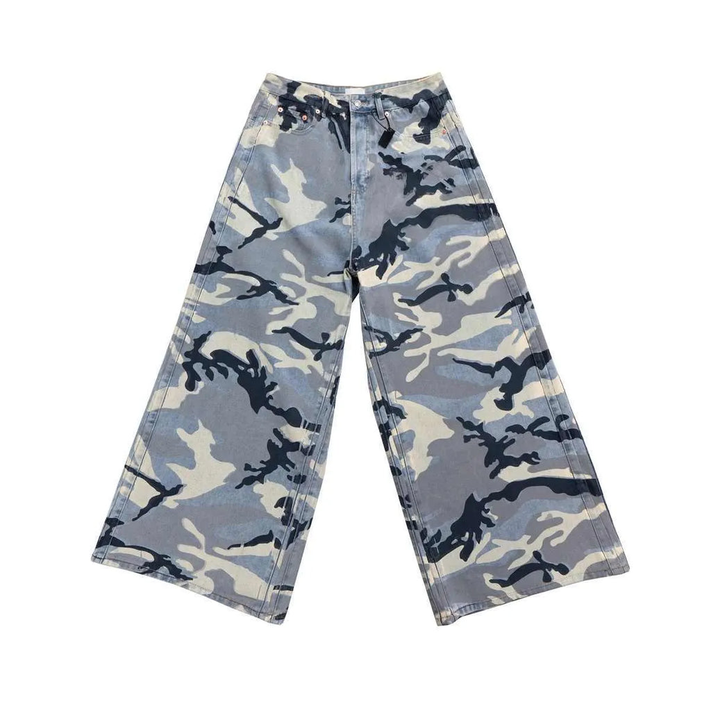 Snow camouflage blue loose fit jeans with mid waist design on hanger