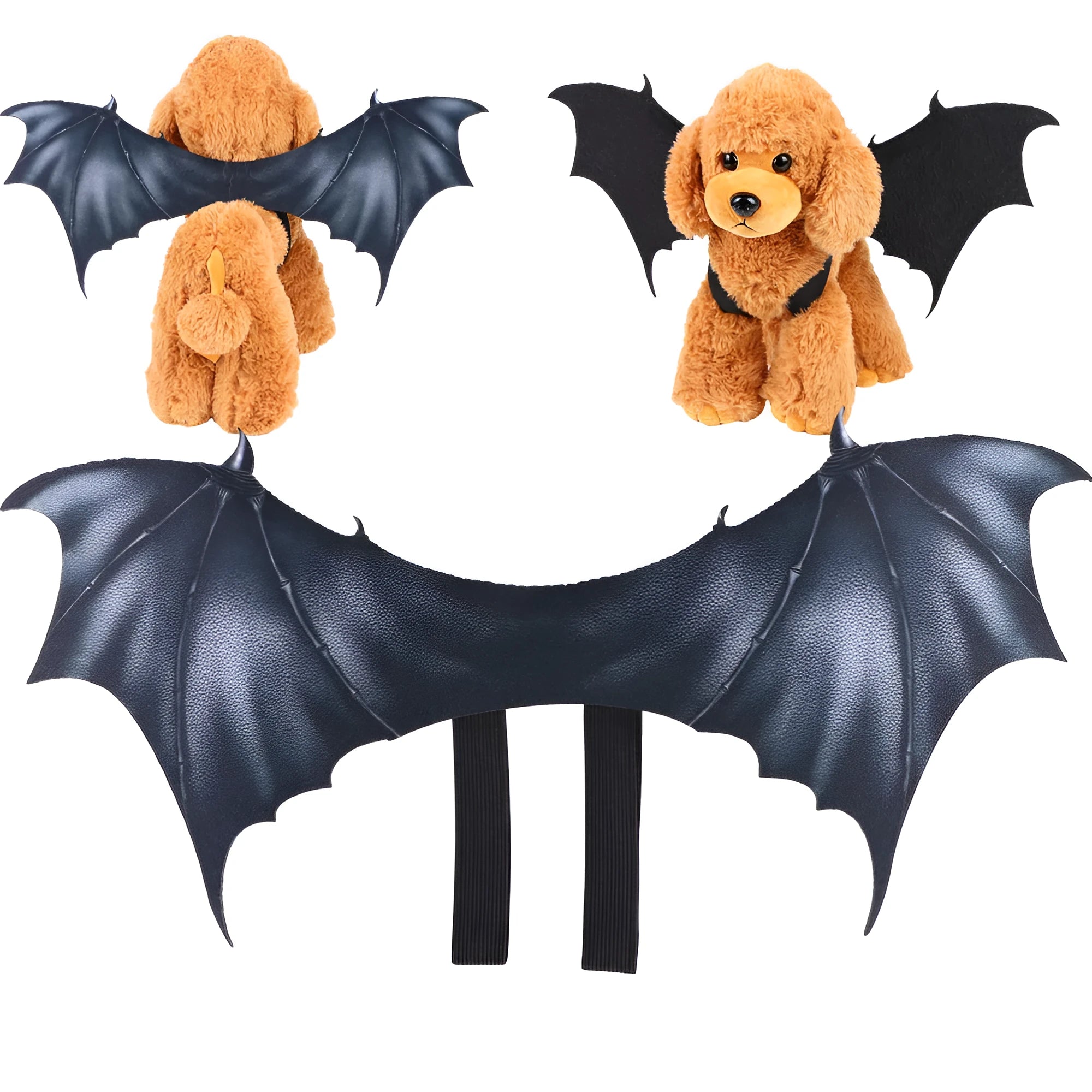Black cloth bat wings pet Halloween costume shown in large, medium, and small sizes for cats and dogs