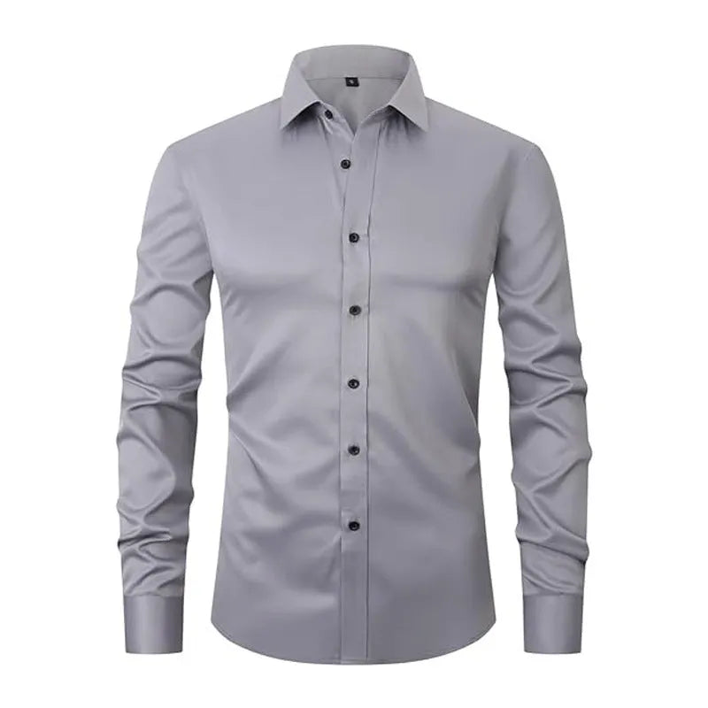 Men's long sleeve stretch work shirt in polyester fabric on a hanger.