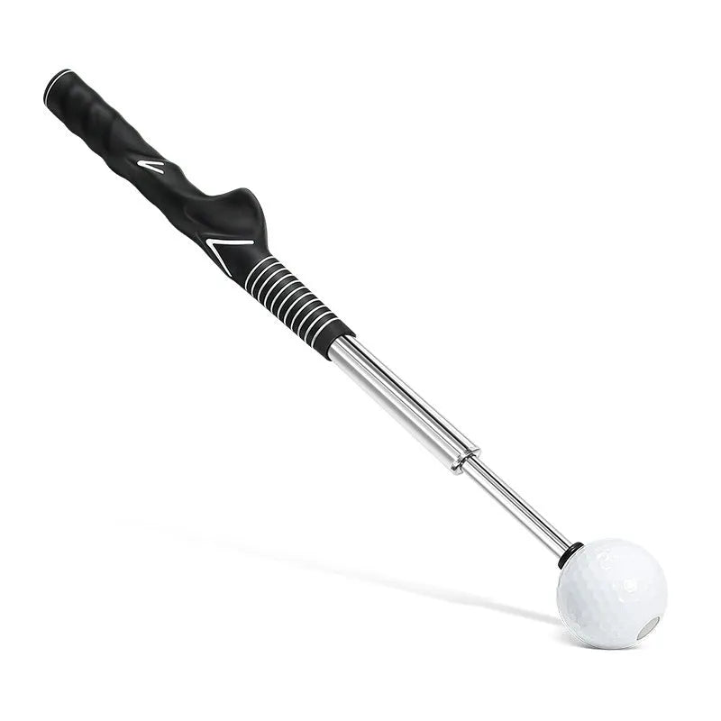Stainless steel telescopic golf swing trainer simulator in black, blue, or red.