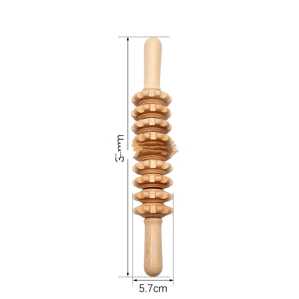 Natural beech wood massage roller set with multiple wheel configurations including straight and curved designs